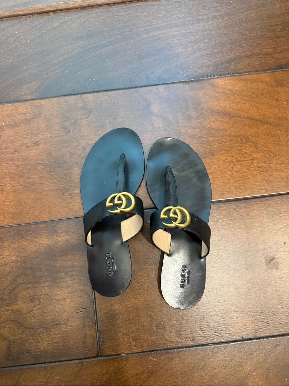 Gucci Black Leather Bee-Embossed Slide Sandals